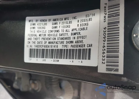 2014 Honda Accord Ex-L из США, поврежденный, VIN 1HGCR2F89EA191416